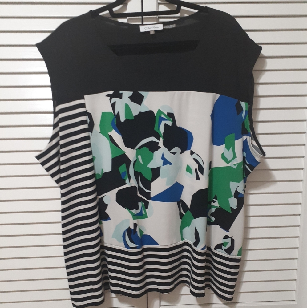 CALVIN KLEIN Womens Black Floral Striped Sleeveles